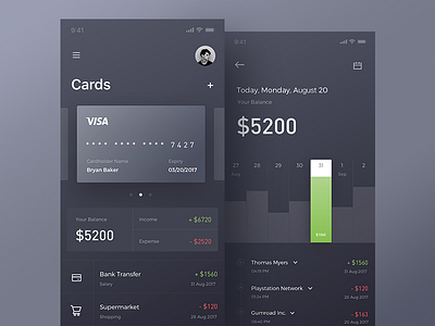 Finance app account app bank banking bitcoin dark data finance interface iphone x layout statistics ui ux