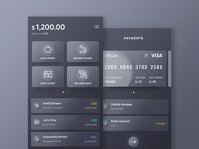 Finance App app bank card dark data finance money ui ux wallet