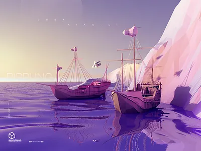 Rippling aqua blue boat c4d，illustration color matching polygons purple
