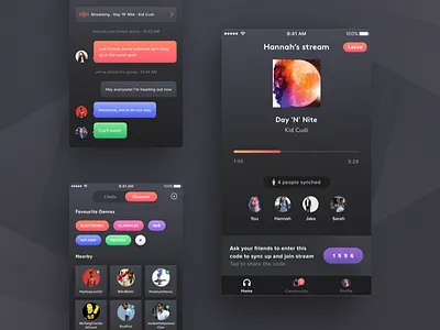 Silent Disco App card disco friends group ios ios11 message music player playlist stream ui