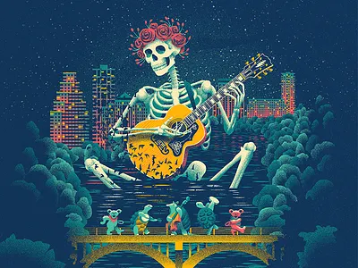 Dead and Company Poster - Austin and company austin bats dead grateful guitar illustration lake roses skeleton skyline trees