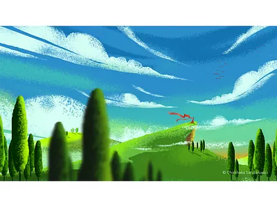 Red cape blue sky clouds digital art greenery mountains nature photoshop red cape trees