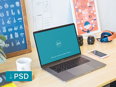 Macbook Pro On A Creative Desk (FREEBIE) apple free high resolution macbook mock up mockup photorealistic photoshop psd workspace
