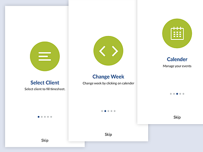 Walk-through Design app approve calender client coachmarks ios mobile app save submit timesheet walkthrough week