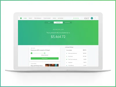 Acorns Web App 2.0 - Present acorns action feed cards gradient guilloche invest web app
