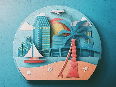 San Diego Digital Paper Pop Up boat bridge cityscape palm tree paper pop up san diego sea shells skeuomorphic surf