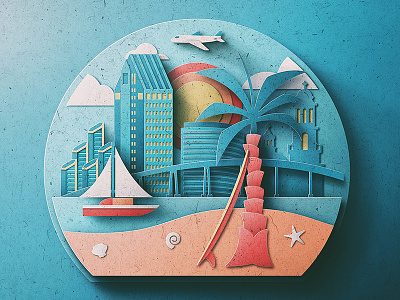 San Diego Digital Paper Pop Up boat bridge cityscape palm tree paper pop up san diego sea shells skeuomorphic surf