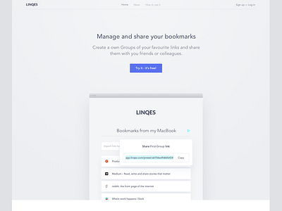Linqes - Landing website bookmark design light links linqes manage preset service share tryit website