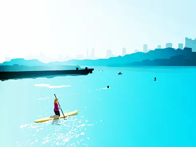 Serene Harbor activity adobe draw city harbor illustration ocean paddle board painting san fran tranquility vector water