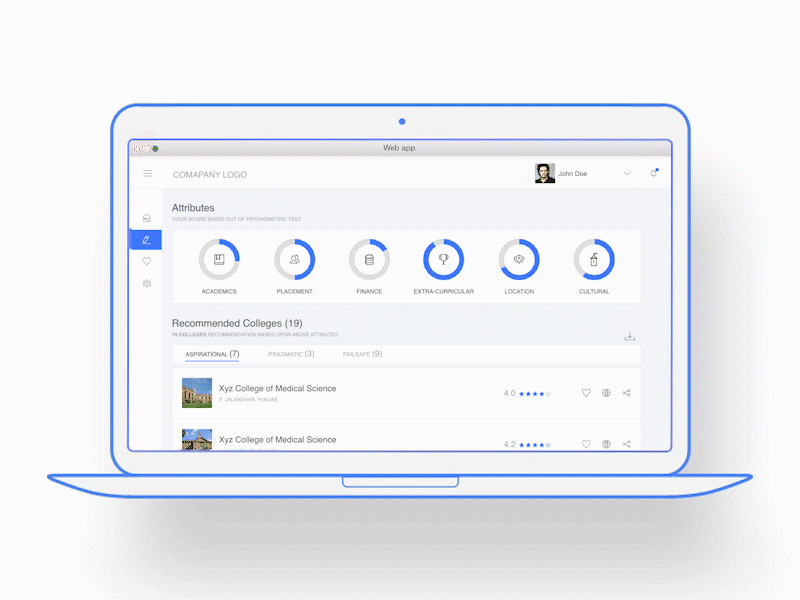 Web App dashboard- College recommendation app web app attributes data education metrics analysis recommendation web education test