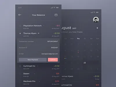 Finance App app bank calendar cards dark data finance iphone x statistics