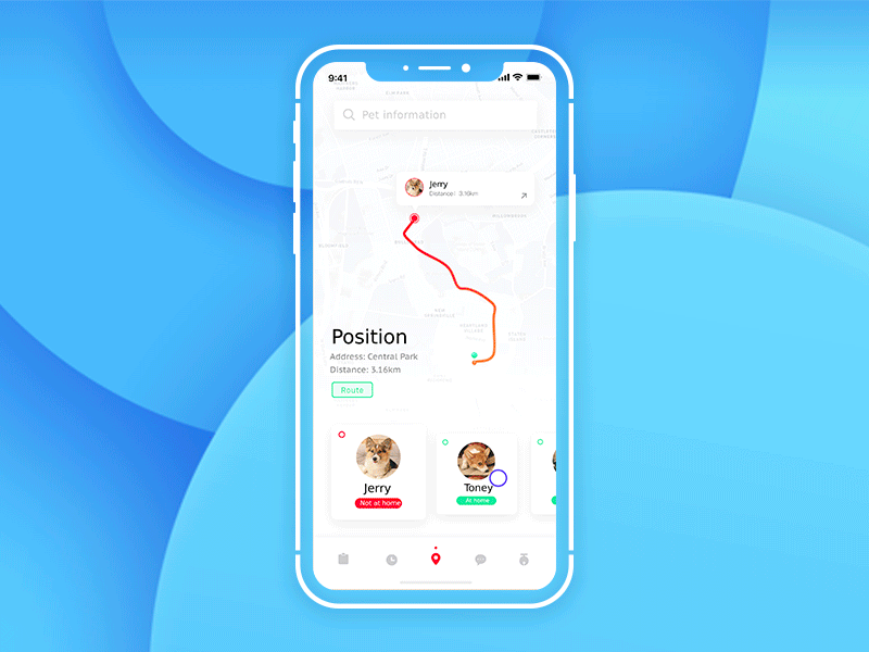 Pet Management app blue effect ios11 iphonex map pet positioning ue ui ux