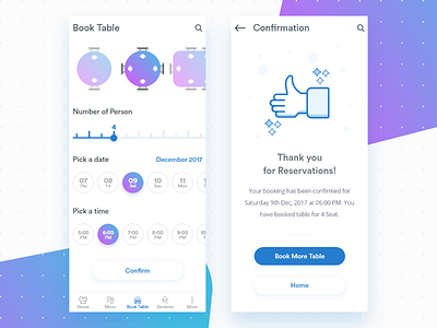 Book A Table and Confirmation Screen for a app app book book a table booking clean confirmation cool design