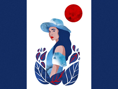 Red Moon Blue Girl blue colors girl illustration modern portrait red shapes simple texture watercolor woman