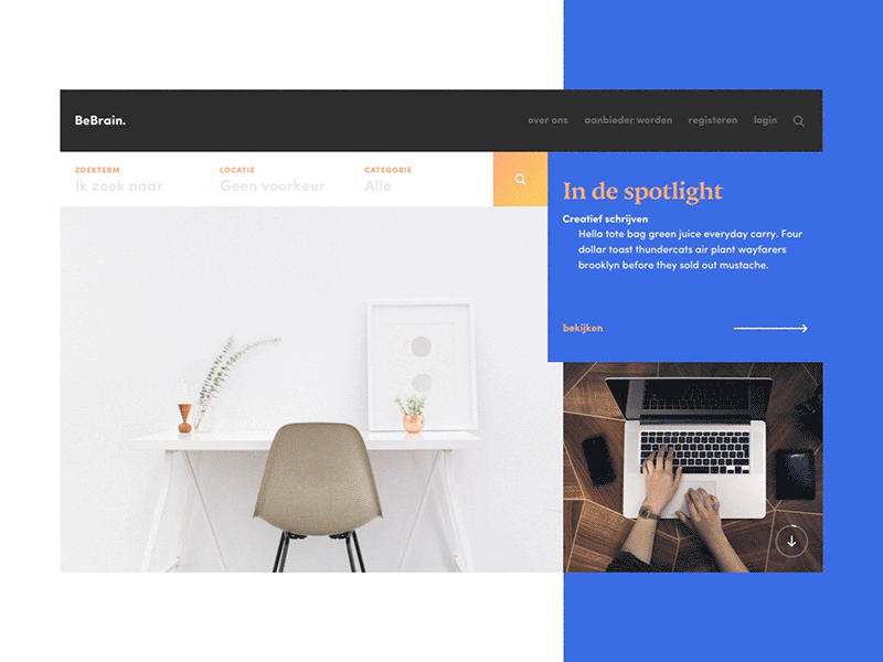 Hero Section advanced search animation bebrain grid hero home intro logo search spotlight ui ux