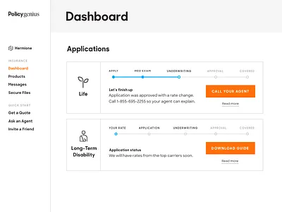 User Account Center account application dashboard insurance policygenius tracking user