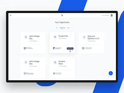 Upcoming Events admin blue cards dashboard design event interface list ui ux web