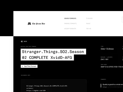 The Pirate Bay—UI Weekly Challenges-Season 02 / Week [7/10] black concept dark interface monospace torrent tracker ui ux white