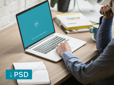 Mockup template: Man Working On His Macbook apple free high resolution macbook mock up mockup photorealistic photoshop psd workspace