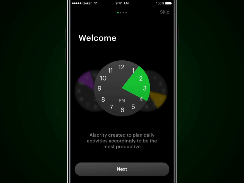 Alacrity onboarding animation app dark interface eleken mobile onboarding productivity sign up tracker tutorial