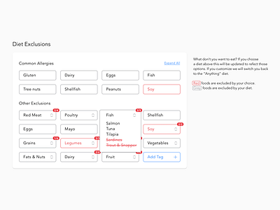 Diet Exclusions chart diet selection settings