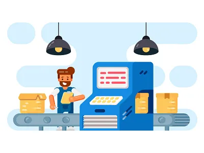 Production line box calculate fun illustration light line man operator pen product vector