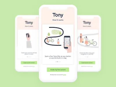 Tony - Welcoming Walkthrough app apple bike rental bike share brand bright city bike cold grey geolocation green peach vocal recognition