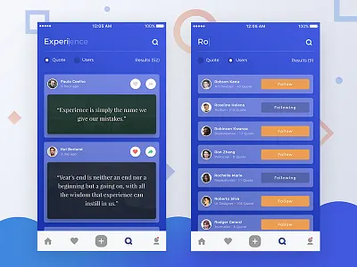 Quote App Design bottom icon button follow card people form radio gradient blue iphone ios kit mobile results user search find screen ui ux