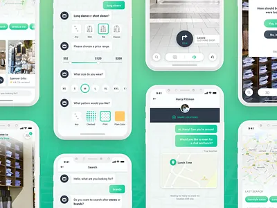 Shopping Assistant App card clothes distance green app ios chatbot location map mobile nearby product shop shopping