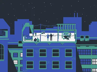 Rooftop Party buildings characters city flat holiday christmas new year illustration minimal party rooftop scene vector