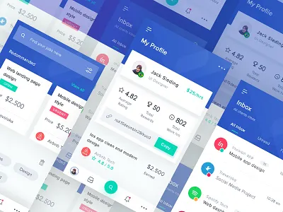 Freelancer App android app blue card chart dashboard design desktop freelancer illustration ios landing light mobile profile search typography ui web website