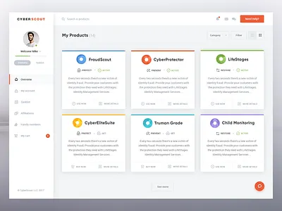 CyberScout dashboard app cards dashboard interface products red ui ux web
