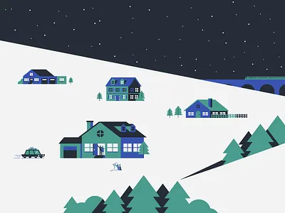 Arriving home arrival car christmas family flat simple holiday house home illustration snowman train trees