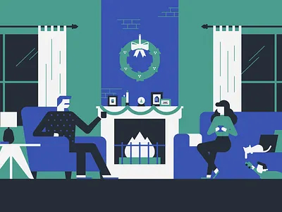 Family by the fireplace cat child christmas family fireplace flat simple frames holiday illustration modern wreath