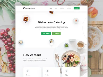 Catering Demand Homepage Design Full View button catering design flying food menu navigation restaurant site theme typography wood