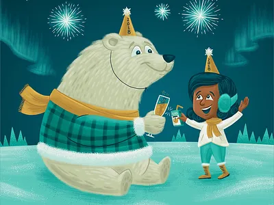 Happy New Year! children fireworks illustration kids new years polar bear snow