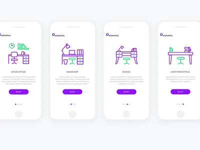 Workspace onboarding screens app flat icons ios mobile onboarding rent space work