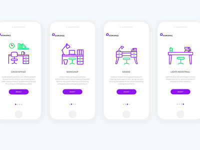 Workspace onboarding screens app flat icons ios mobile onboarding rent space work
