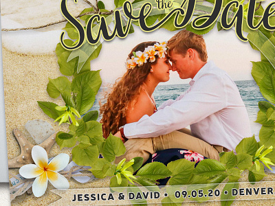 Frangipani Beach Wreath Save The Date Photo Card a7 flat card beach invitation cards photo card template photocard print design printed cards save the date