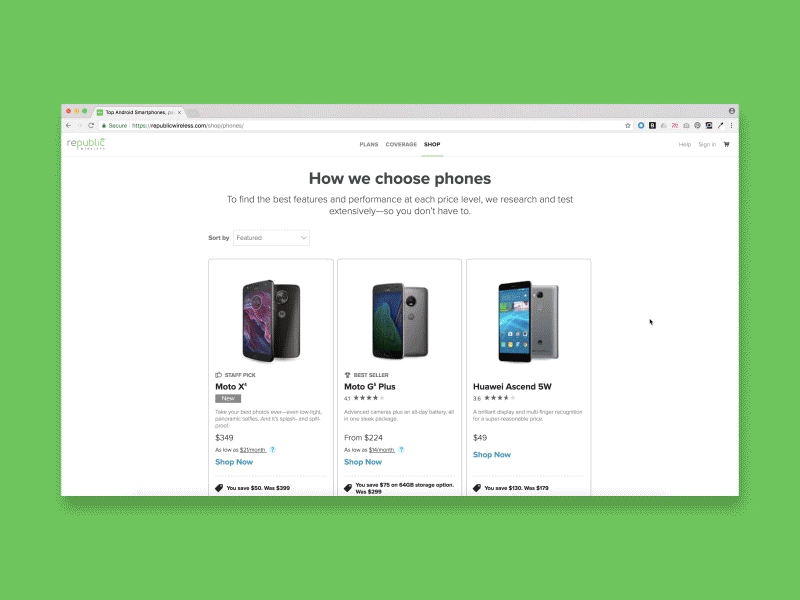 Example of Product Listing Page - Republic Wireless