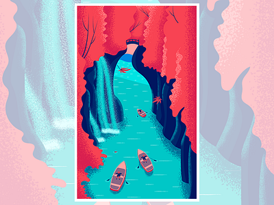 Autumn in Japan autumn boat bridge illustration japan leaf poster river texture trees vector waterfall