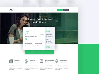 Small Loan bank calculator chat finance form green loan security ui ux video testimonial