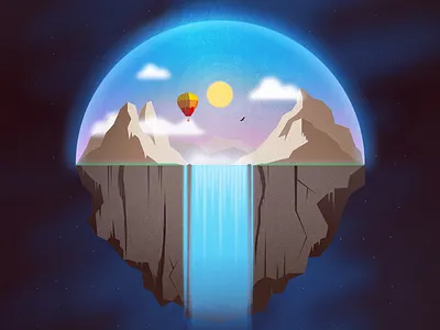 Contained hot air balloon mountains scenery waterfall