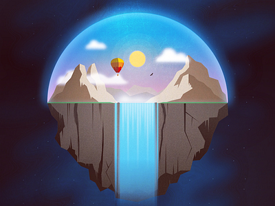 Contained hot air balloon mountains scenery waterfall
