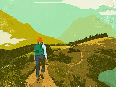Warm Trails grass hiker hiking illustration mountains nature sky trail