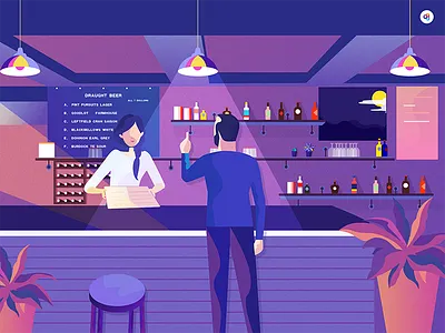 Bar bar character illustration indoor light liqueur plant purple relax scenes stool