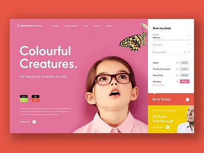 Colourful Creatures Exhibition bold booking calendar children exhibition form homepage kids museum tickets ui