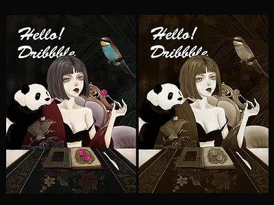 Hello, Dribbble! animal birl color debuts drawing girl hello illustration mystery panda retro