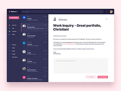 Flamebox email app - Daily UI Challenge 7/365 app design clean email app inbox interaction design ixda ui ui design user experience user interface ux ux design