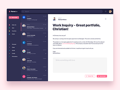 Flamebox email app - Daily UI Challenge 7/365 app design clean email app inbox interaction design ixda ui ui design user experience user interface ux ux design